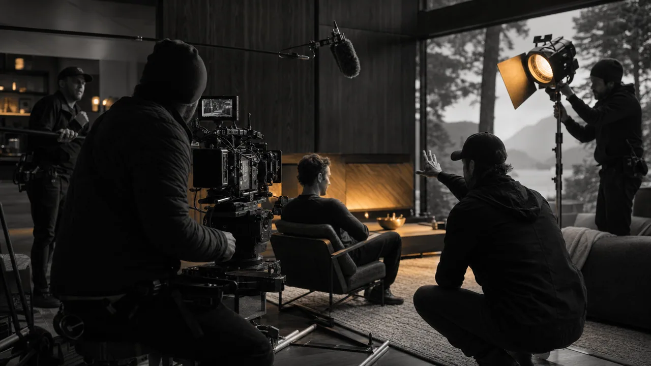 A video crew lights and films an interview in a modern cabin overlooking the mountains
